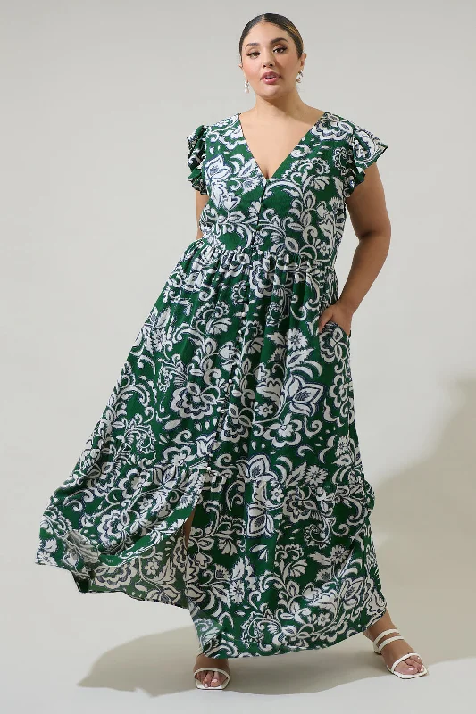 Maxi dresses with floral details -Harriet Floral Evianna Button Down Flutter Maxi Dress Curve