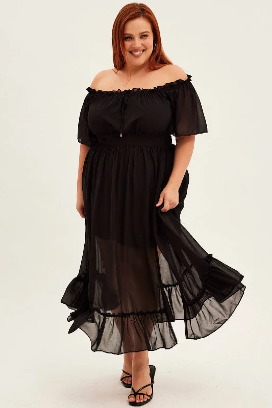 Maxi dresses for grand family celebrations -Black Maxi Dress Off Shoulder Chiffon