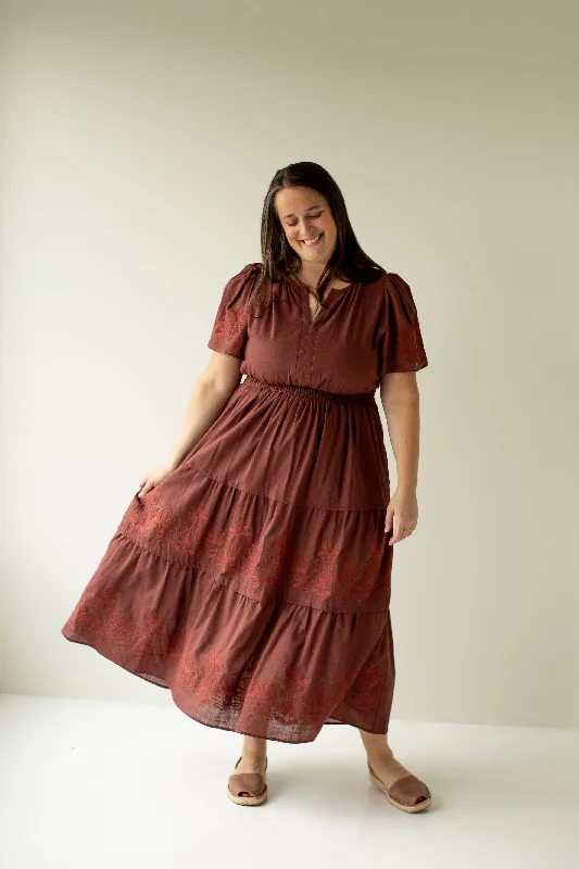 Maxi dresses for destination trips -Plus 'Athena' Embroidered Detail Tiered Maxi Dress in Merlot