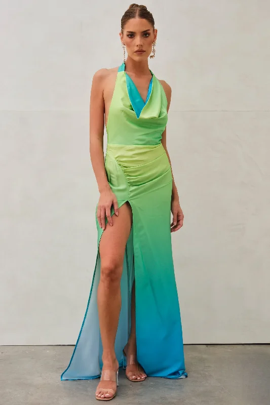 Maxi dresses with lace sleeve details -Ola Ombre Halter Maxi Dress Green & Blue