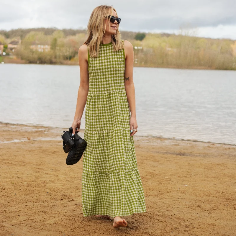 Maxi dresses for evening beach weddings -Paula Gingham Cotton Knitted Maxi Dress - Green