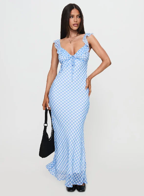 Maxi dresses for elegant dinner parties -Brigette Maxi Dress Blue Gingham