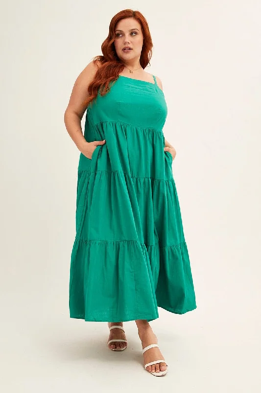 Maxi dresses for bridal showers -Green Sleeveless Cotton Maxi Dress With Pockets