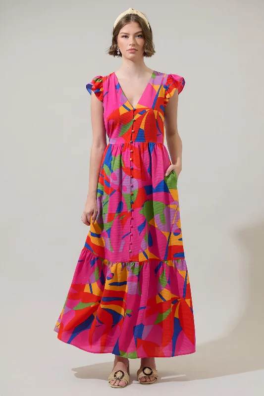 Maxi dresses for dinner dates -Soleil Abstract Pismo Button Down Flutter Maxi Dress