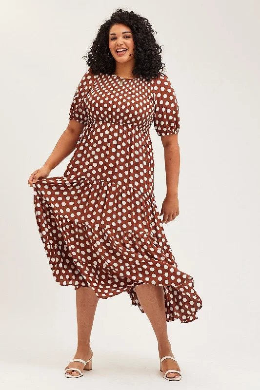 Maxi dresses for stylish spring events -Polka Dot Maxi Dress Round Neck Puff Sleeve Shirred