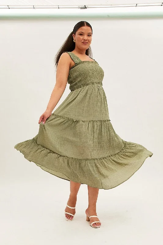 Maxi dresses for modest fashion -Green Maxi Dress Gather Shoulder Sleeveless Textured