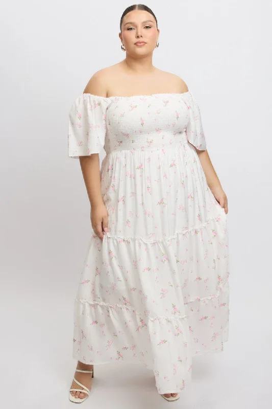 Maxi dresses with open shoulder design -White Ditsy Maxi Dress Short Sleeve Tiered