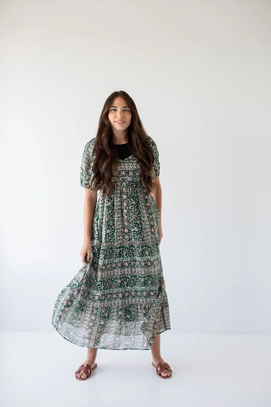 Maxi dresses for holiday get-togethers -'Medora' Oriental Garden Maxi Dress in Deep Green