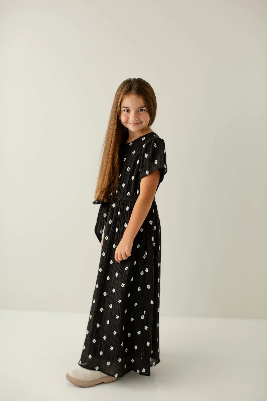 Maxi dresses with boatneck design -'Esther' Girl Embroidered Floral Maxi Dress in Black