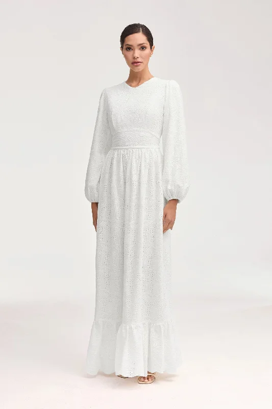 Maxi dresses with gathered waist -Luciana White Eyelet Maxi Dress