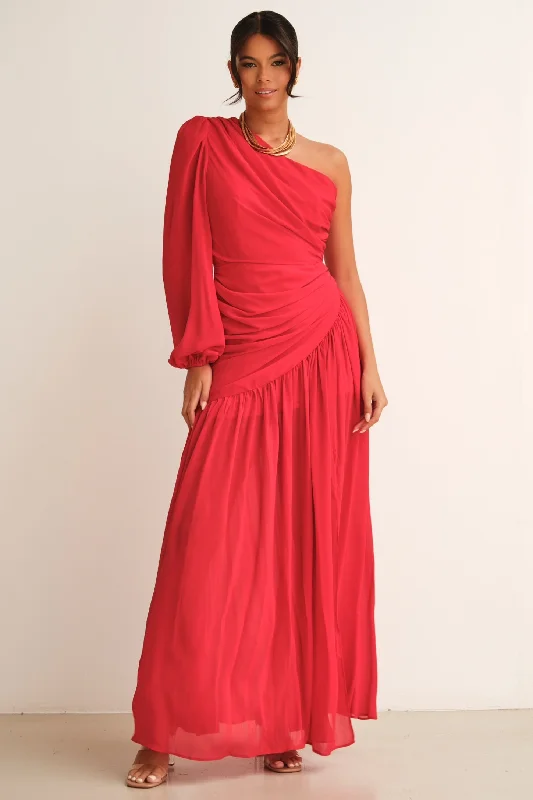 Maxi dresses for upscale weddings -Piper One Shoulder Maxi Dress Red