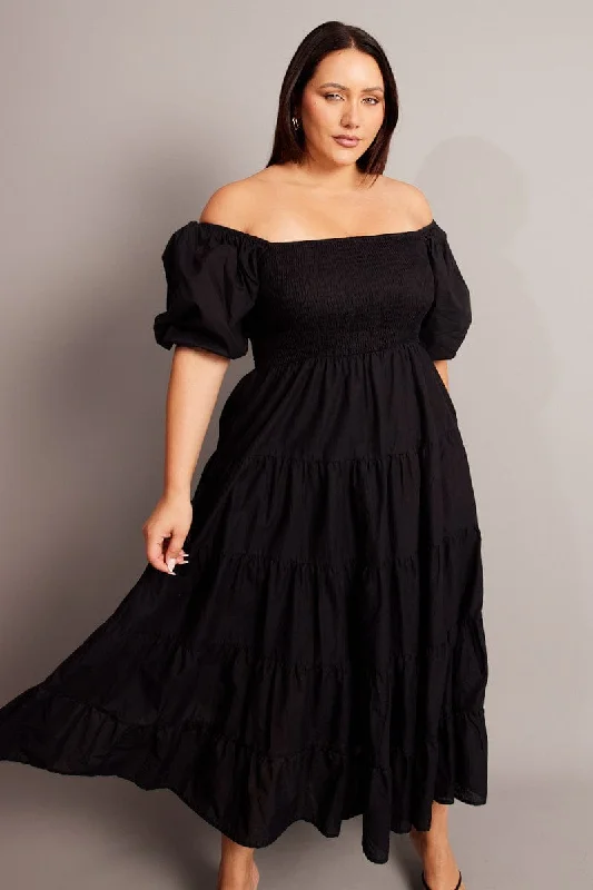 Maxi dresses for seasonal events -Black Maxi Dress Short Sleeve Tiered Tie Back