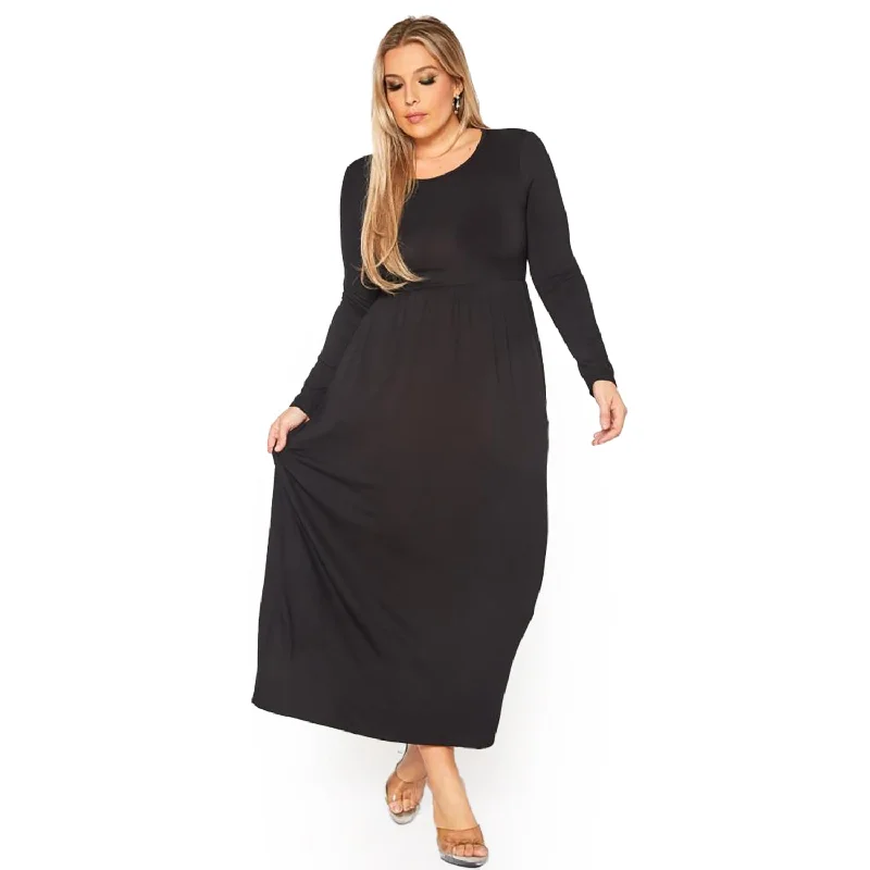 Maxi dresses with mesh details -Plus Size Women's Basic Long Sleeve Fit & Flare Maxi Dress