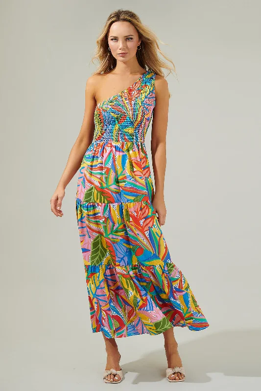 Maxi dresses for beachside weddings -New Guinea Smocked One Shoulder Lys Maxi Dress