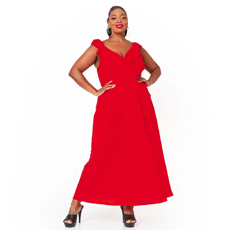 Maxi dresses for formal brunch -Plus Size Ruffle Trim Wrapped Maxi Dress in Red