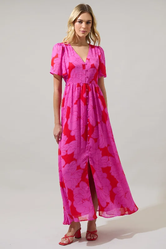 Maxi dresses for formal date -Zalea Floral Linana Button Front Maxi Dress