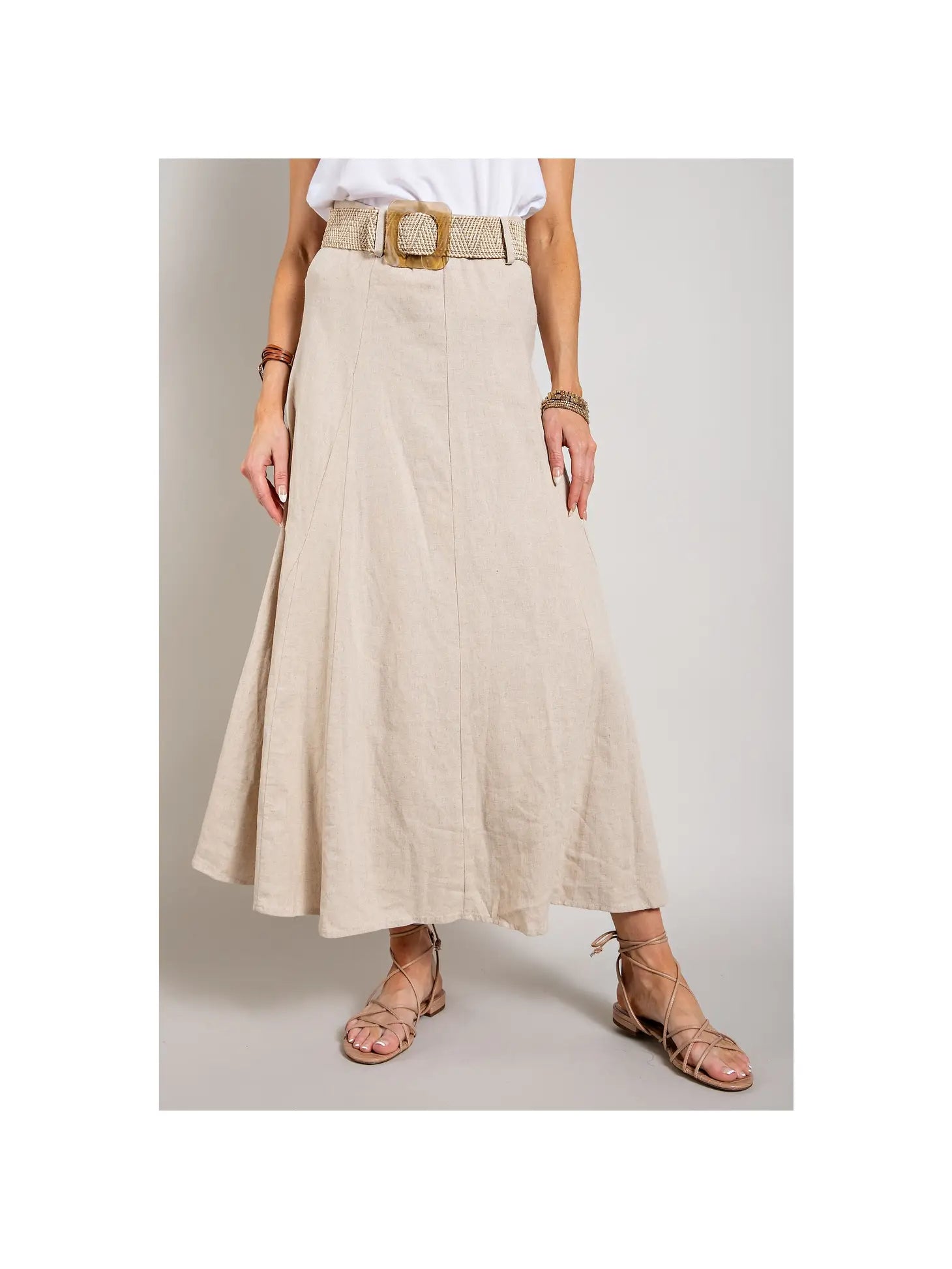 Maxi dresses with intricate beadwork -Linen Belted Maxi Skirt