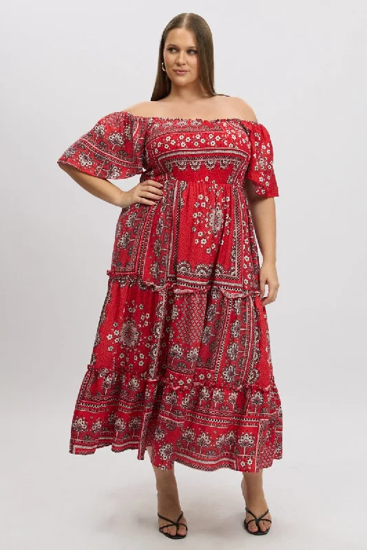 Maxi dresses with pleated skirt -Red Boho Maxi Dress Short Sleeve Tiered