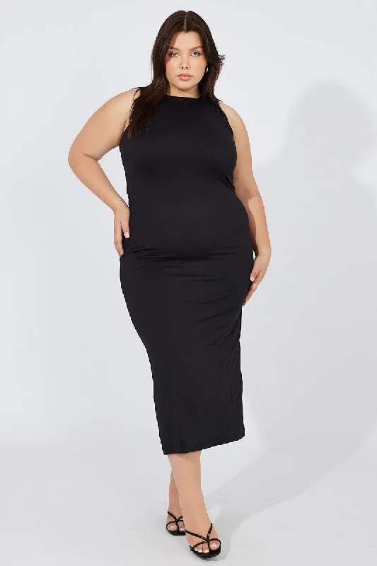 Maxi dresses for stylish day out -Black Supersoft Maxidress Round Neck Sleeveless