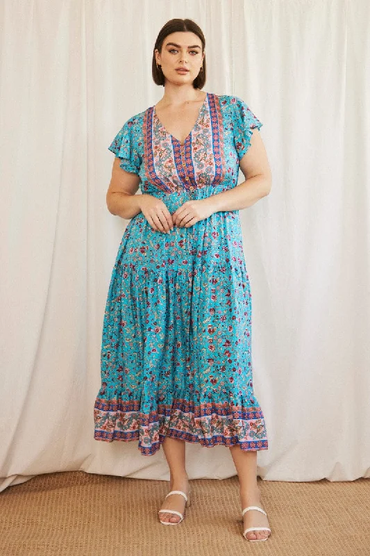 Maxi dresses for outdoor brunch -Blue Boho Maxi Dress Short Sleeve V-neck Tiered