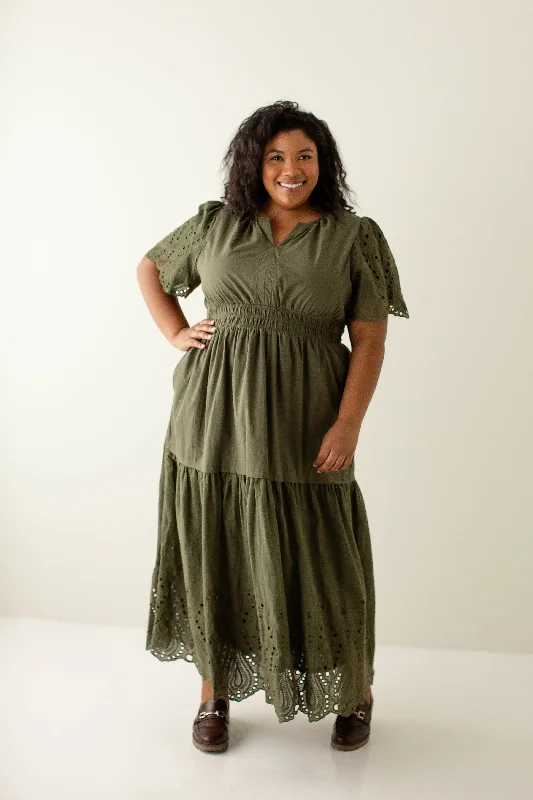 Maxi dresses for bridal parties -Plus 'Georgina' Eyelet Detail Smocked Waist Maxi Dress in Olive