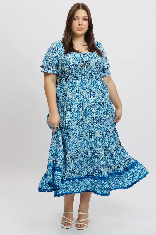 Maxi dresses for formal dinners -Blue Boho Maxi Dress Short Sleeve