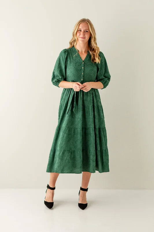 Maxi dresses with puff sleeves -'Holly' Textured Button Front Tiered Maxi Dress in Hunter Green