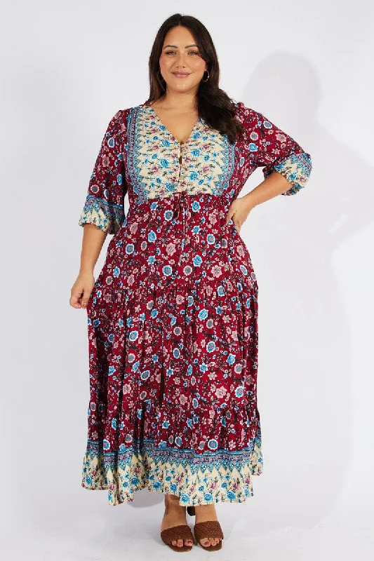 Maxi dresses with loose-fitting cut -Multi Boho Maxidress Puff 3/4 Sleeve Drawstring Waist