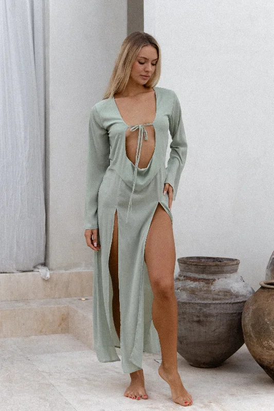 Maxi dresses for spring brunches -Carmen Cowl Neck Maxi Kaftan Sage