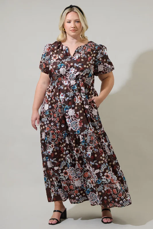 Maxi dresses for date night -Journee Floral Morty Puff Sleeve Maxi Dress Curve