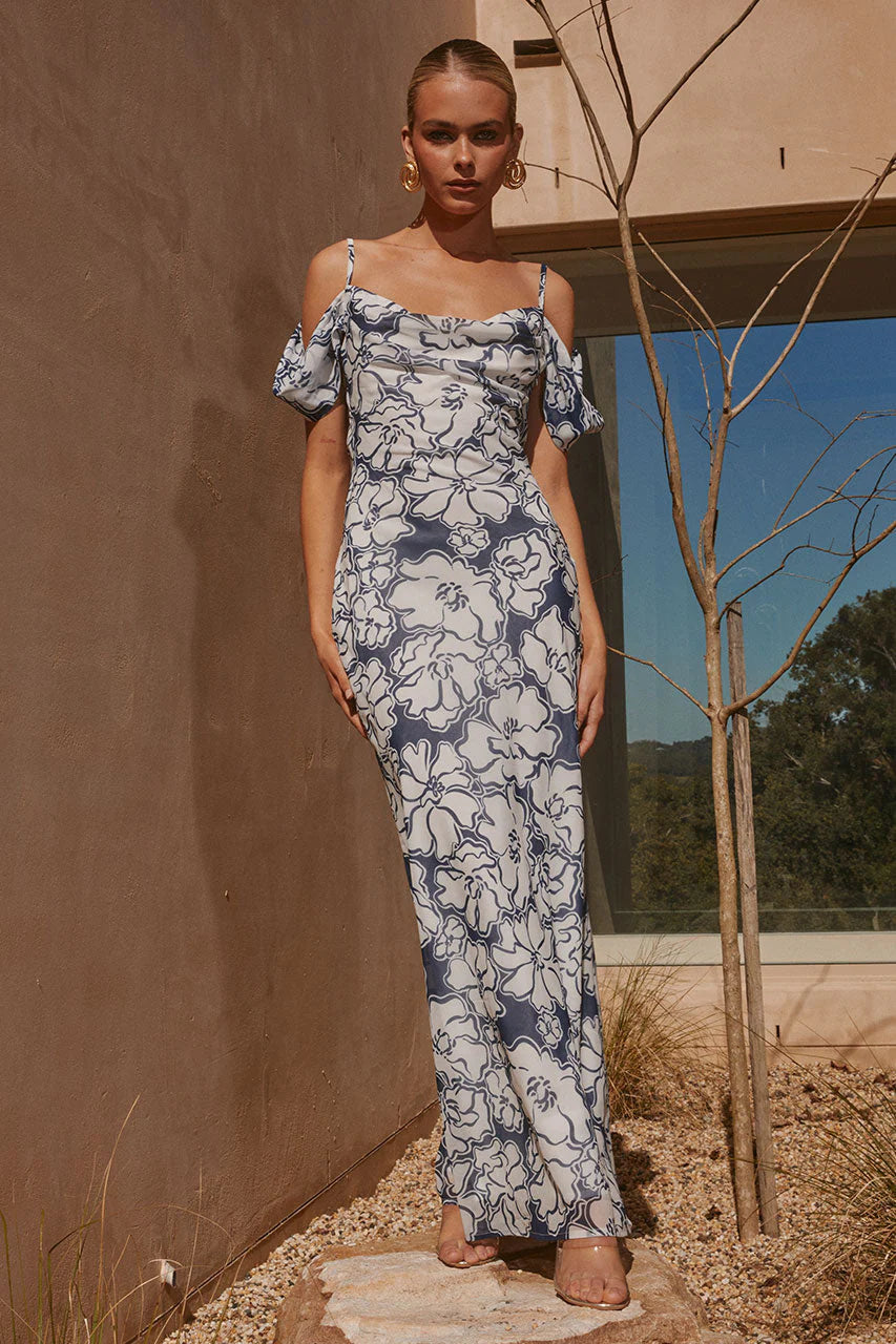 Maxi dresses with puff sleeves -KELANI MAXI DRESS - NAVY FLORAL