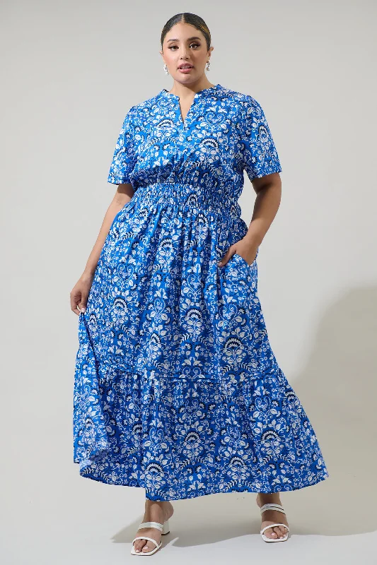 Maxi dresses with deep v-neckline -Lulu Floral Belraj Poplin Maxi Dress Curve