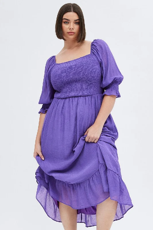 Maxi dresses with shiny satin finish -Purple Maxi Dress Half Sleeve Shirred