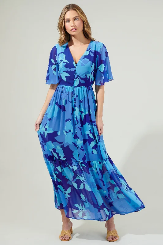 Maxi dresses with sheer fabric panels -Alegria Floral Pismo Button Down Flutter Maxi Dress