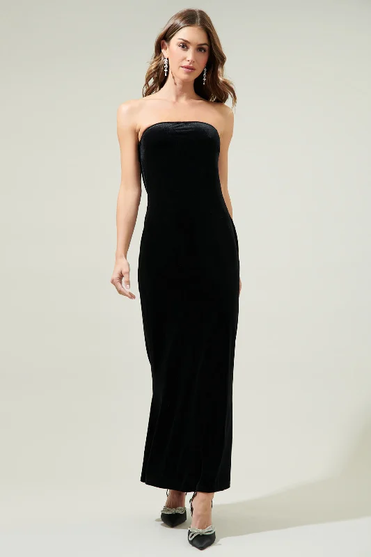 Maxi dresses with lace and chiffon details -Dynamite Velvet Strapless Maxi Dress