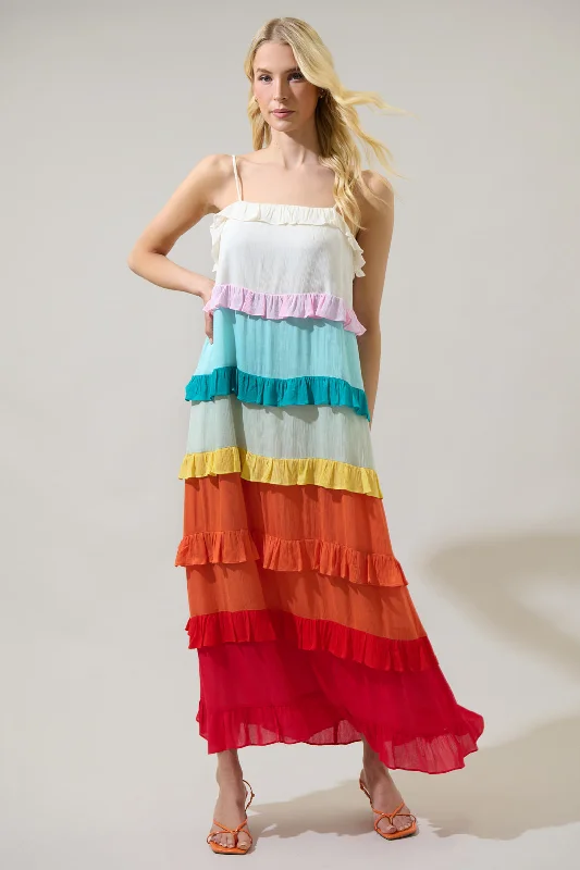 Maxi dresses for autumn weddings -Taste the Rainbow Sleeveless Ruffle Maxi Dress