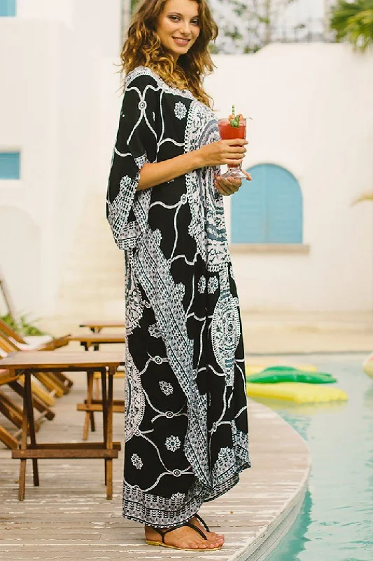 Maxi dresses for sophisticated party -SHU-SHI Women's Ethnic Mandala Kaftan: Loose Casual Maxi Beach Cover-Up Dress with Sequins