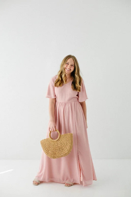 Maxi dresses for elegant evening cocktails -'Clarice' V-Neck Chiffon Maxi Dress in Blush FINAL SALE