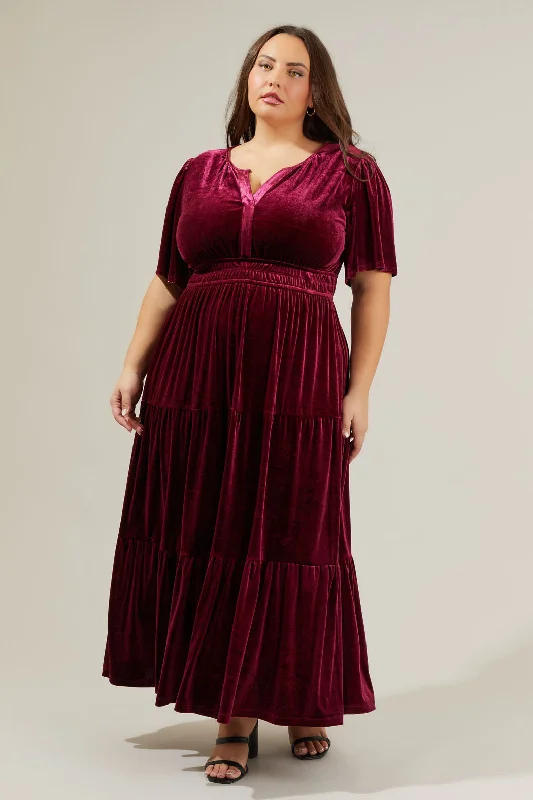 Maxi dresses for beachside gatherings -Debbie Velvet Tiered Maxi Dress Curve