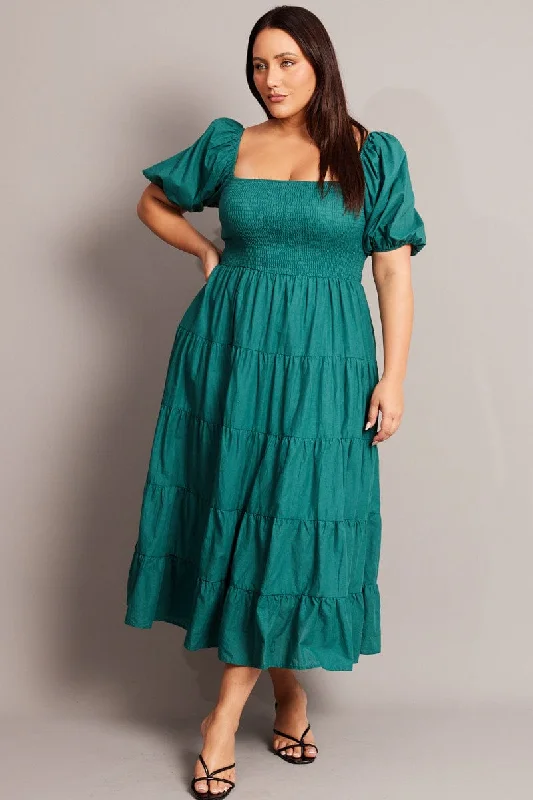 Maxi dresses with tulle skirt -Green Maxi Dress Short Sleeve Tiered Tie Back