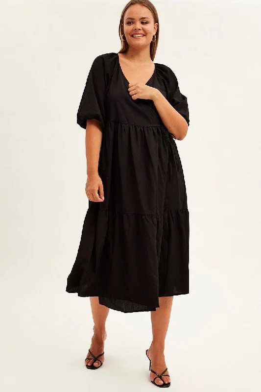 Maxi dresses with off-the-shoulder design -Black Maxi Dress Wrap Short Sleeve