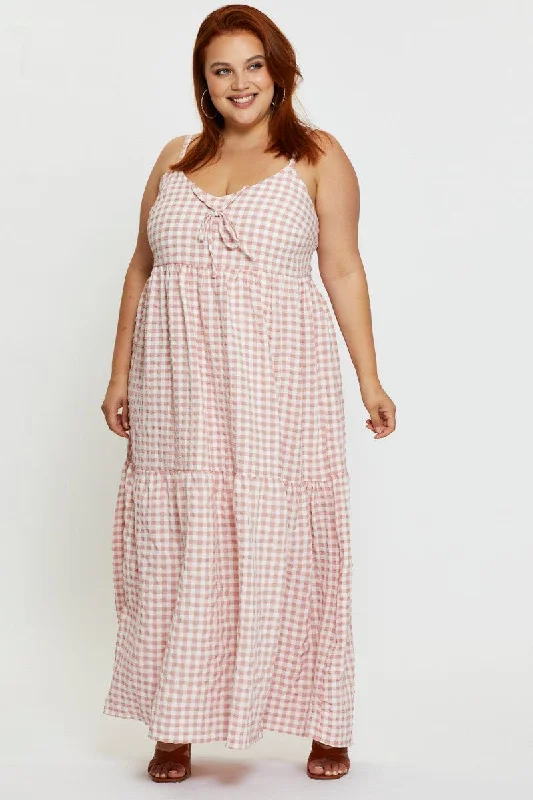 Maxi dresses for family reunions -Check Maxi Dress V-neck Sleeveless