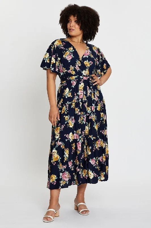 Maxi dresses with floral patterns for weddings -Floral Print Short Sleeve Tieredmaxi Dress