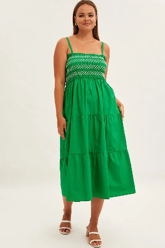 Maxi dresses for high tea -Green Strap Tiered Maxi Dress Smocked