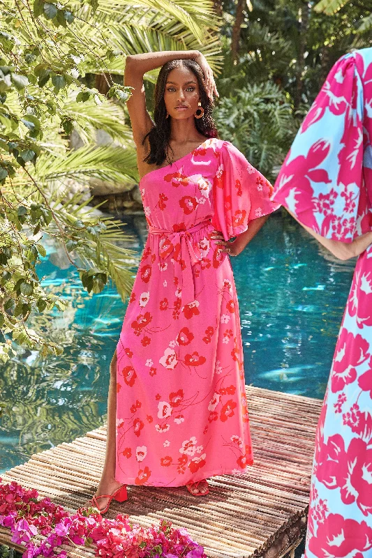 Maxi dresses for country wedding -Cherry Blossom Meara One Shoulder Satin Maxi Dress