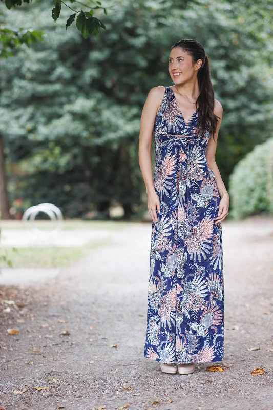 Maxi dresses with satin and lace finish -Fan Printed Grecian Maxi