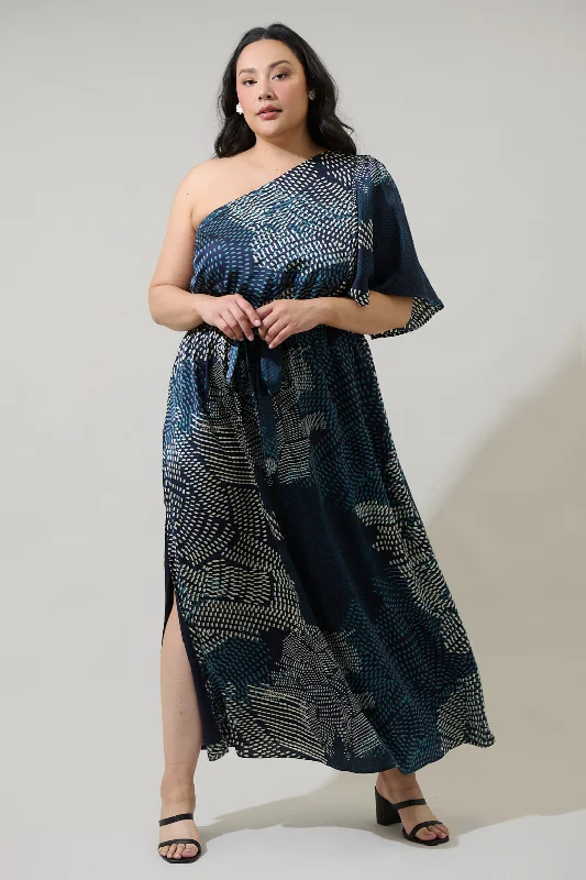 Maxi dresses with intricate lace details -Kirby Geometric Meara One Shoulder Satin Maxi Dress Curve