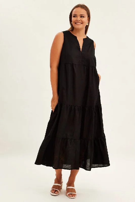 Maxi dresses with wide leg design -Black Maxi Dress Sleeveless Tiered Linen Blend