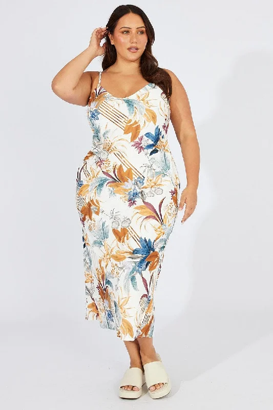 Maxi dresses for beach vacation -Multi Floral Bias Maxi Conversation Print Dress