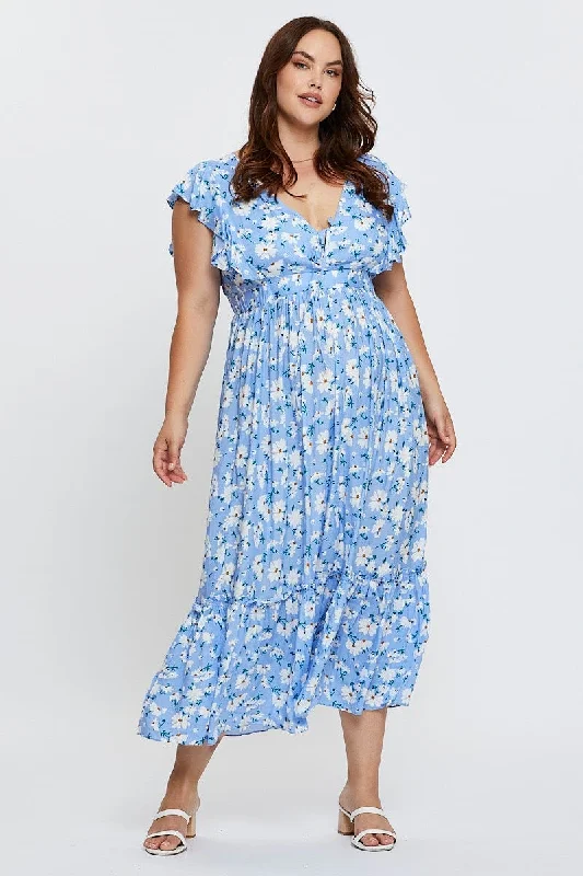 Maxi dresses with stylish lacework -Floral Print Maxi Dress V-neck Short Sleeve